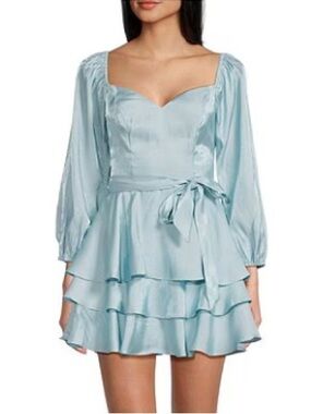 Women’s B. Darlin Light Blue Long Sleeve Fit And Flare Ruffle Dress, Size 13/14